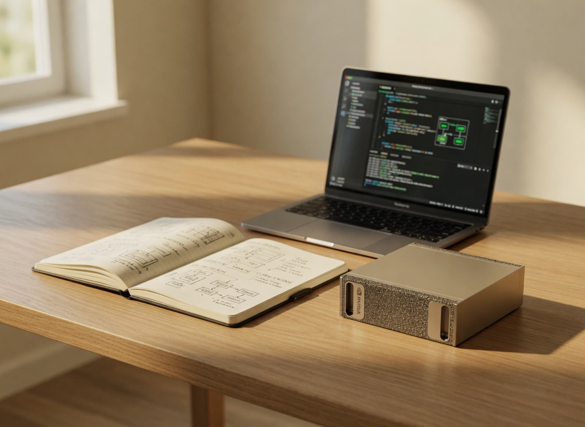 An engineering notebook, laptop, and DGX Spark unit on an oak desk in warm daylight.