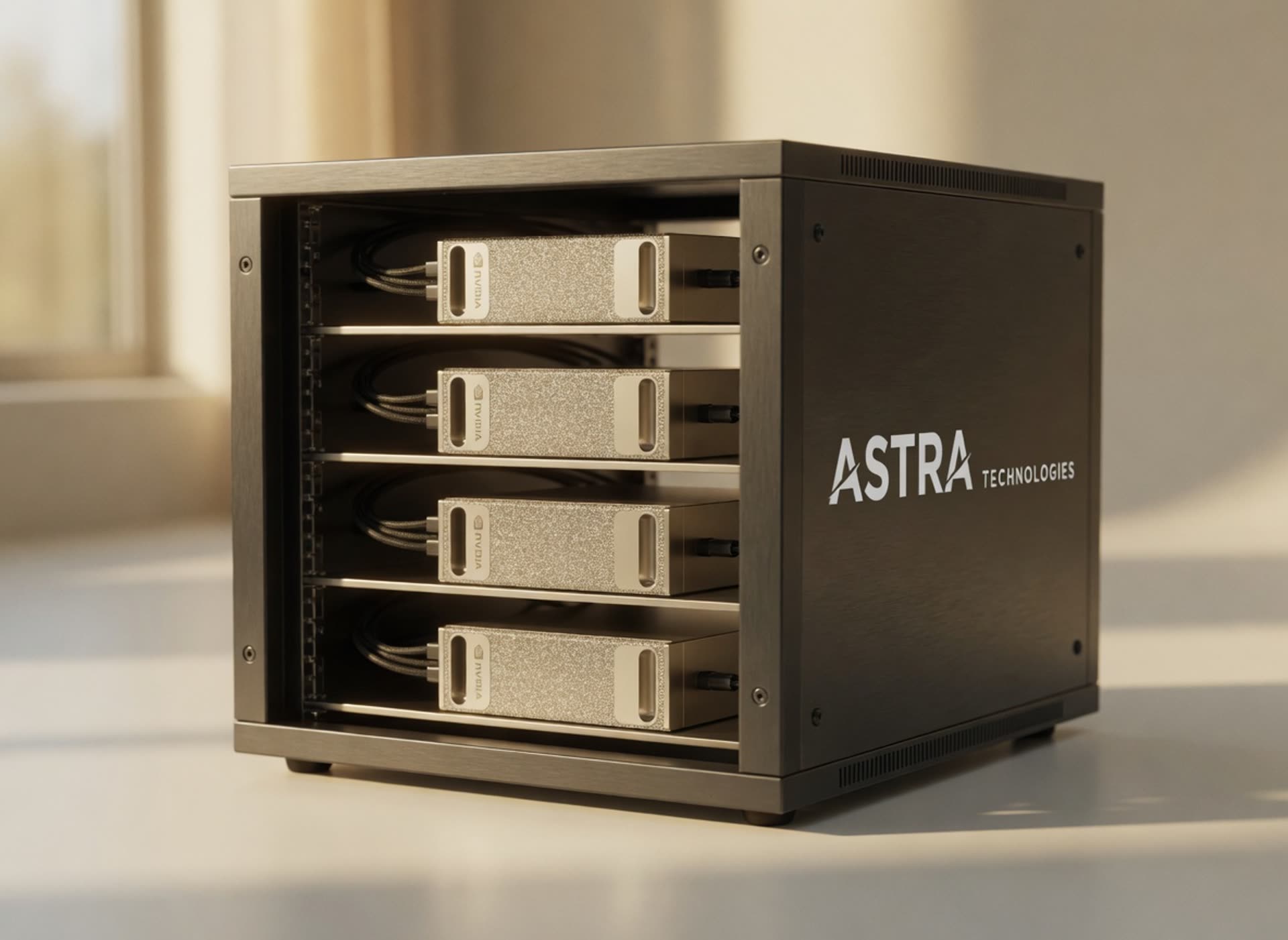 Four DGX Spark units mounted in a dark rack with the Astra Technologies logo on its side.