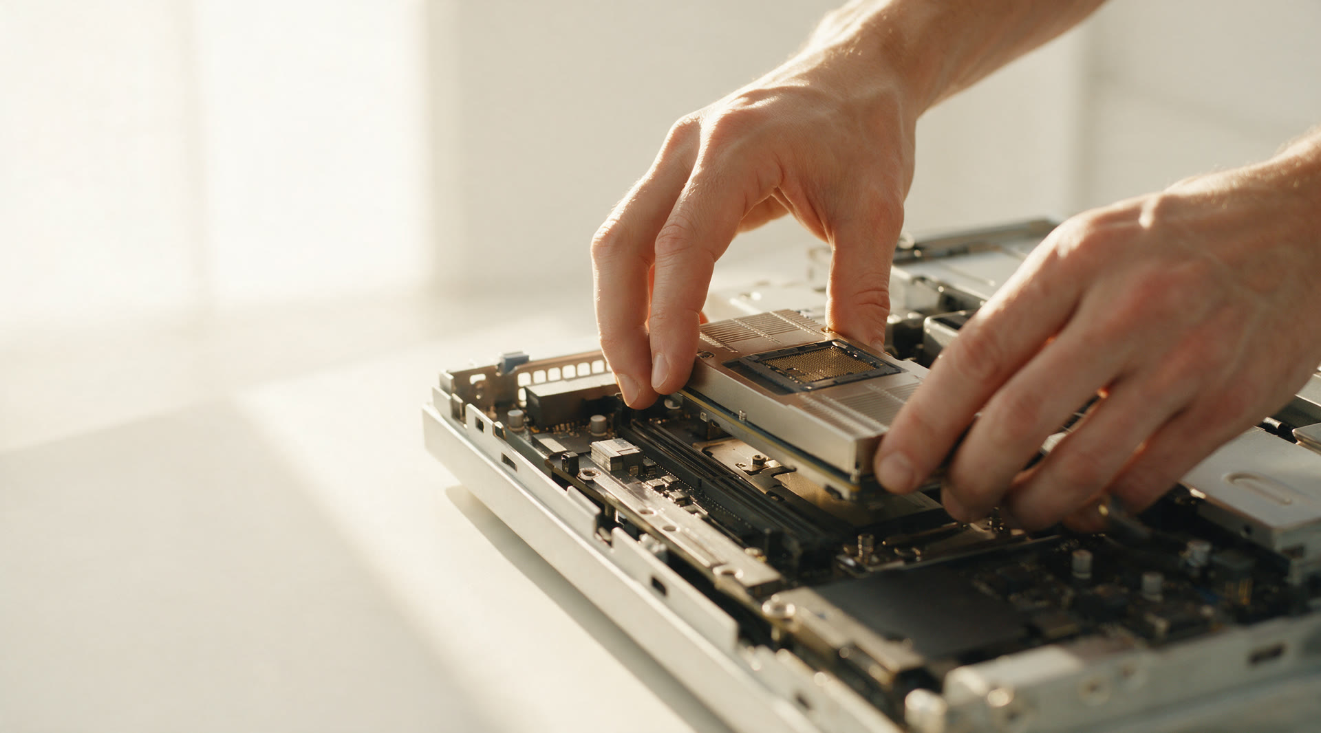 Hands seating a component into precision hardware on a bright workbench.