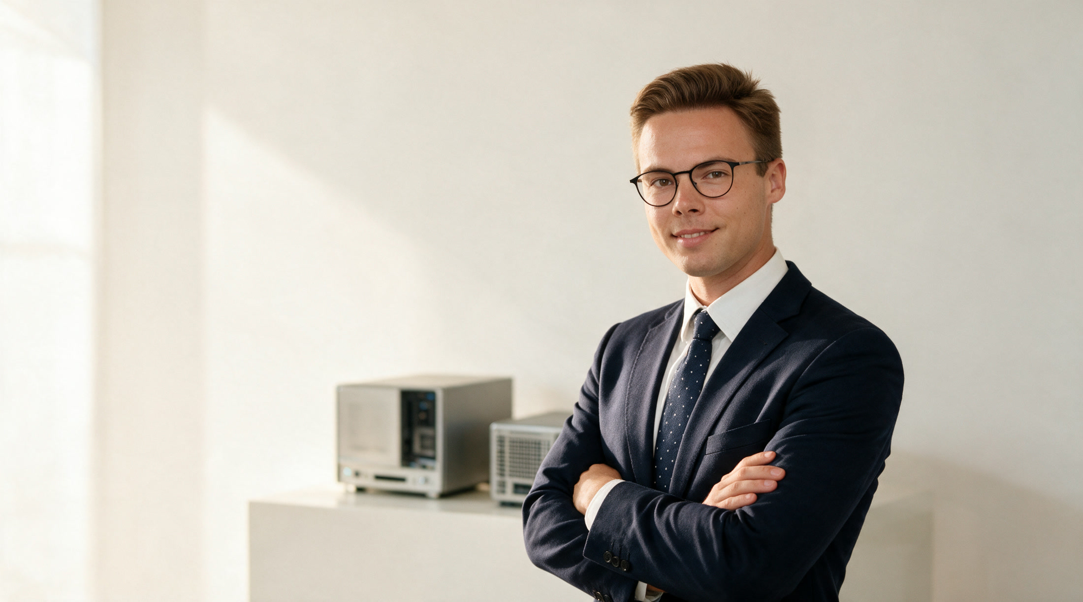 Michal Sawosz standing in a bright studio, computing hardware behind him.