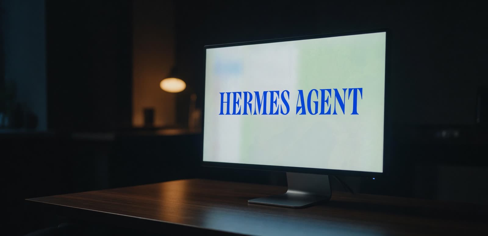 A monitor on a dark desk displaying the Hermes Agent splash screen.