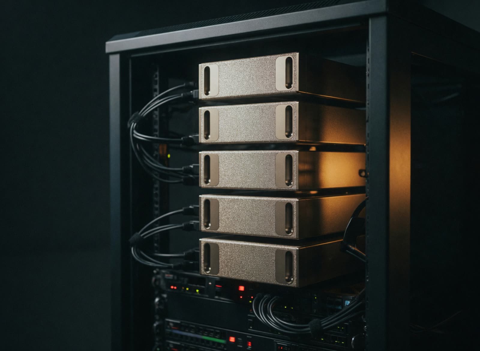 Compact gold-front compute units mounted in a dark server rack.
